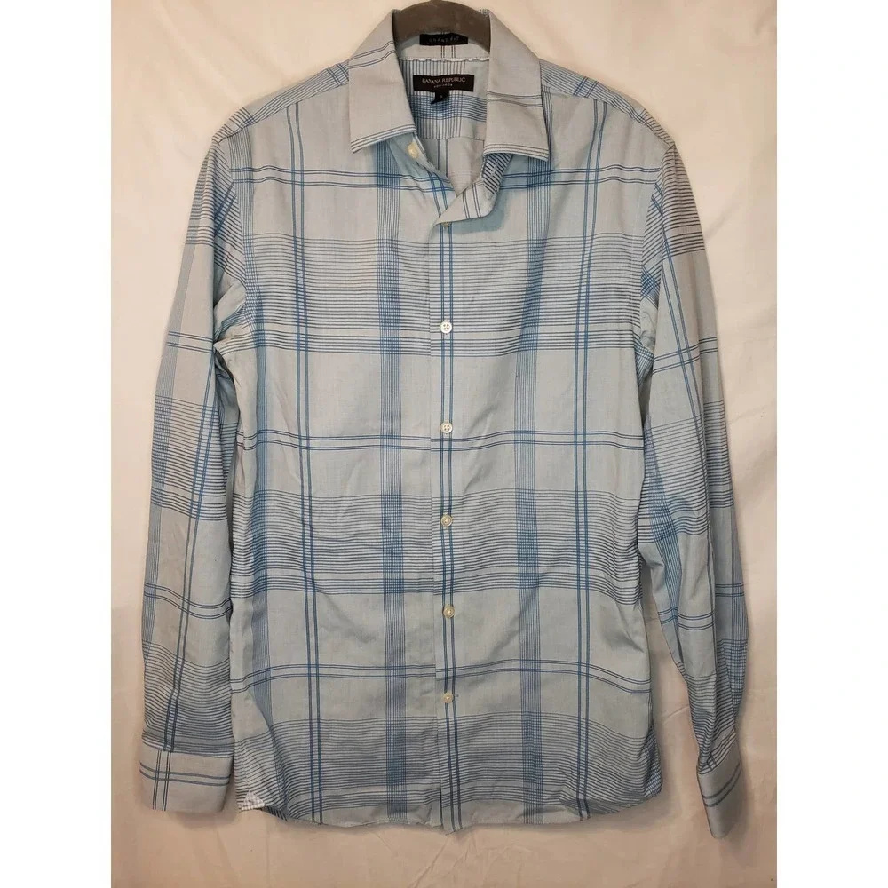 Men's small blue plaid Banana Republic button down. EUC. - Picture 1 of 2